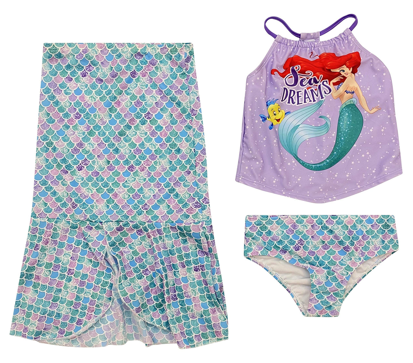 Girls' Little Mermaid Three Piece Set with Swim Skirt Tail Dress Tankini Top and Bottom 5/6