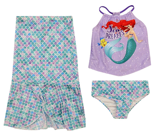 Girls' Little Mermaid Three Piece Set with Swim Skirt Tail Dress Tankini Top and Bottom 5/6