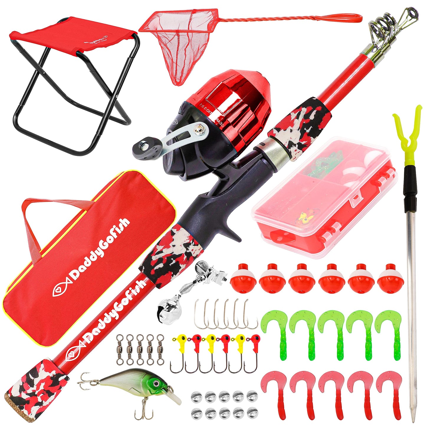 DaddyGoFish Kids Fishing Pole - Rod Reel Combo Tackle Box Starter Set - First Year Small Dock Gear Kit for Boys Girls Toddler Youth Age Beginner Little Children Junior Anglers (Red, 4ft)