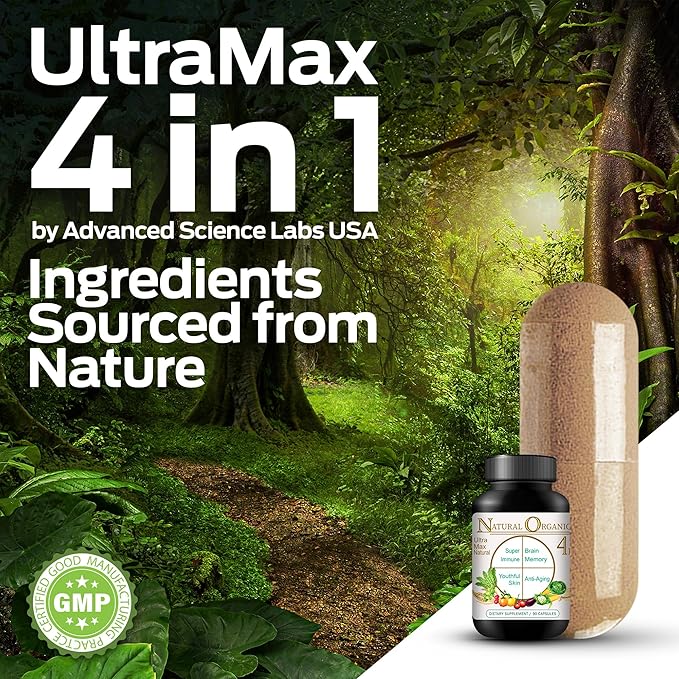 Ultra Max Natural Organic 4 in 1 Brain Supplements for Memory and Focus, Immune Support Anti-Aging Dietary Supplements
