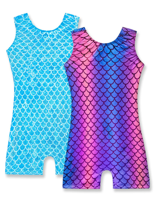 Nymphperi Gymnastics Leotards for Girls Size 5-6 Years Old Shiny Sleeveless Blue Mermaid Biketards Sparkle Colored Scale Unitards for Kids Ballet Sports