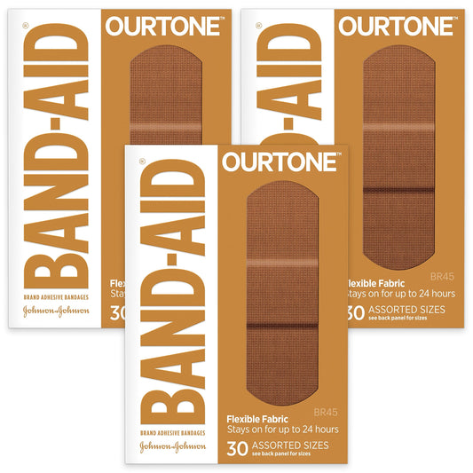 Band-Aid Brand Ourtone Adhesive Bandages, Flexible Protection & Care of Minor Cuts & Scrapes, Quilt-Aid Pad for Painful Wounds, BR45, Assorted Sizes, 30 ct, Pack of 3