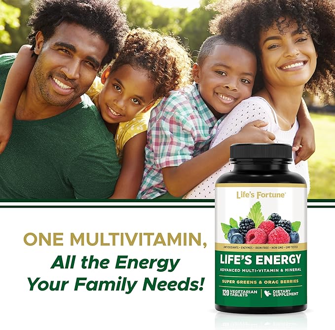 Life's Fortune Life's Energy Advanced Multi-Vitamin and Mineral for Men & Women, Non-GMO - Super Greens - ORAC Berries - AntiOxidants - Enzymes - Iron Free - GMP Tested, 120 Veggie Tablets
