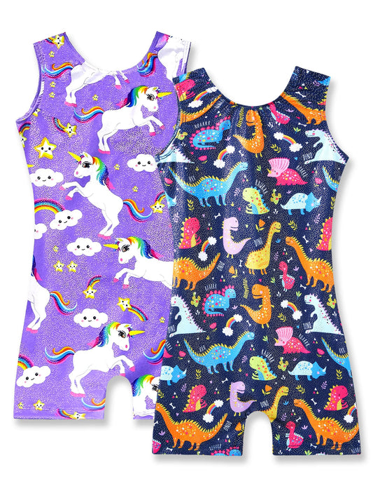 Nymphperi Gymnastics Leotards for Girls 2 Pack Size 5-6 Years Old Sparkly Colorful Dinosaur Biketard with Shorts Shiny Classic Unicorn Swimsuit for Children Birthday Gift