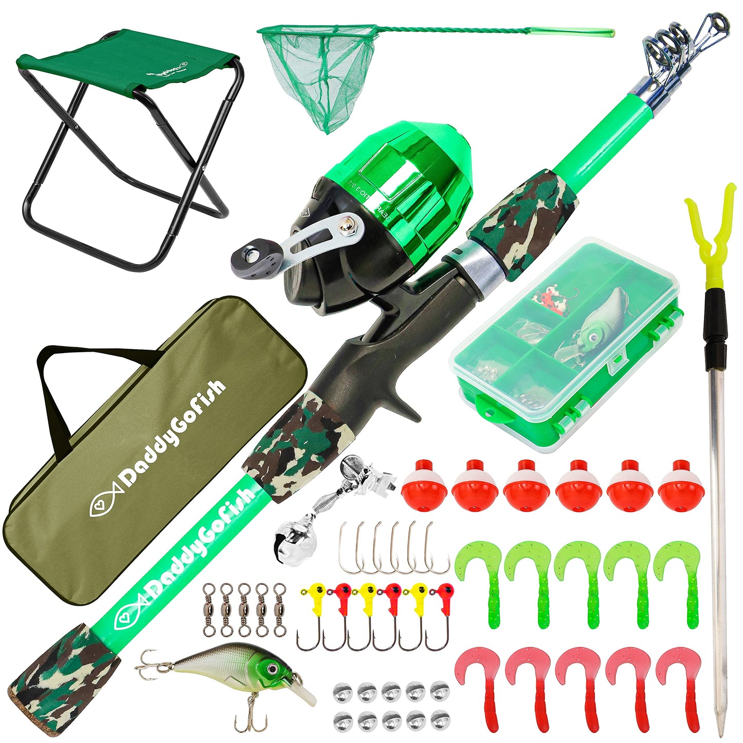 DaddyGoFish Kids Fishing Pole - Rod Reel Combo Tackle Box Starter Set - First Year Small Dock Gear Kit for Boys Girls Toddler Youth Age Beginner Little Children Junior Anglers (Green, 4ft)