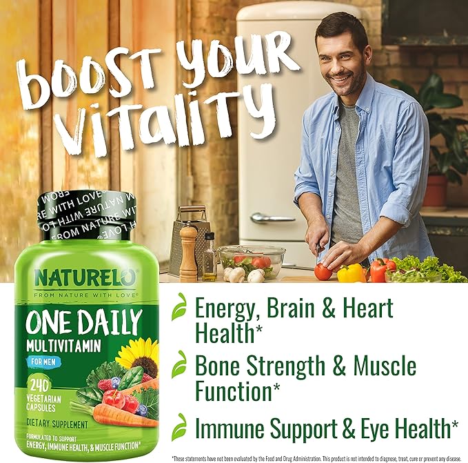 NATURELO Mens Multivitamins - One Daily Multivitamin for Men with Vitamins, Minerals & Organic Whole Foods, Boost Energy & Health, Non-GMO, 240 Vegetarian Capsules