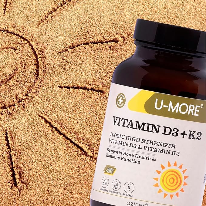 U-MORE - 1000 IU High Strength Vitamin D3 & Vitamin K2 (Menaquinone 7) - Sugar, Gluten, GMO Free, Supports Bone Health & Immune Function, Daily Supplement for Strong Bones & Immunity - 60 Softgels