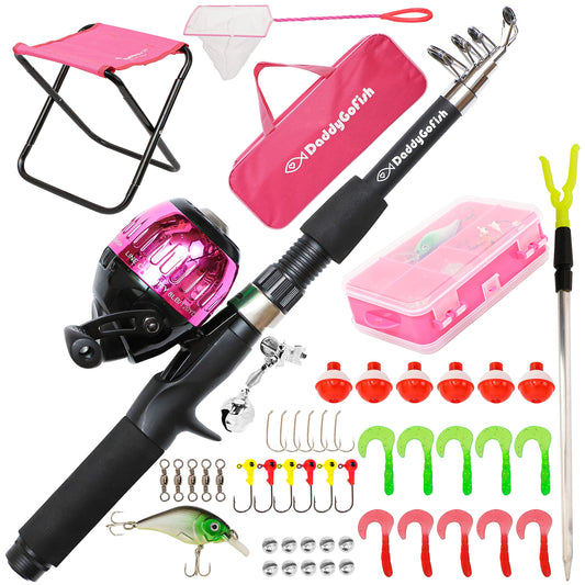 DaddyGoFish Kids Fishing Pole - Rod Reel Combo Tackle Box Starter Set - First Year Small Dock Gear Kit for Boys Girls Toddler Youth Age Beginner Little Children Junior Anglers (Older Kids (Pink), 5ft)