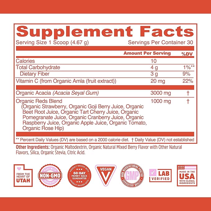 Zhou Nutrition USDA Organic Reds Antioxidant Superfood Powder, Vitamin C, Organic Tart Cherry, Beetroot, Cranberry, Goji Berry and More, Fiber, Immune Support, Non-GMO, Vegan, 30 Servings