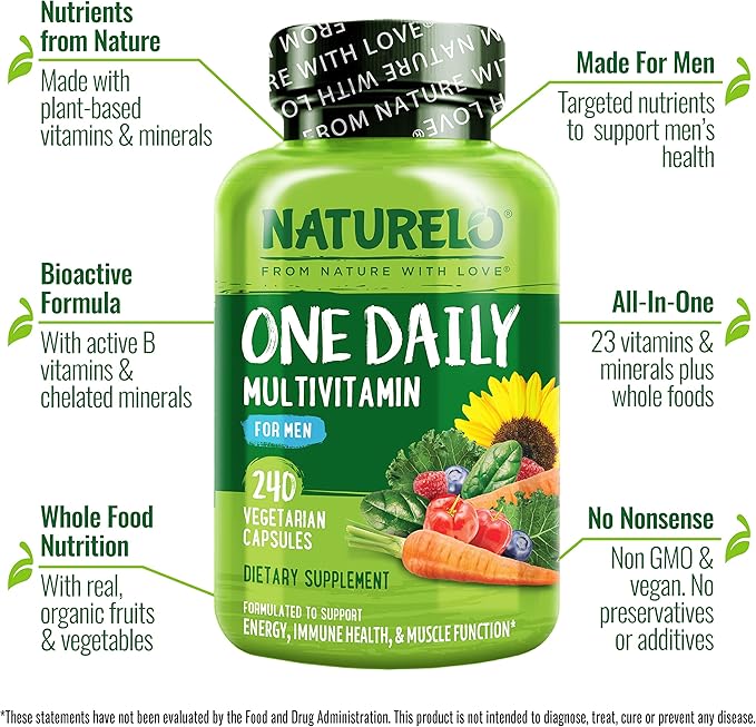 NATURELO Mens Multivitamins - One Daily Multivitamin for Men with Vitamins, Minerals & Organic Whole Foods, Boost Energy & Health, Non-GMO, 240 Vegetarian Capsules