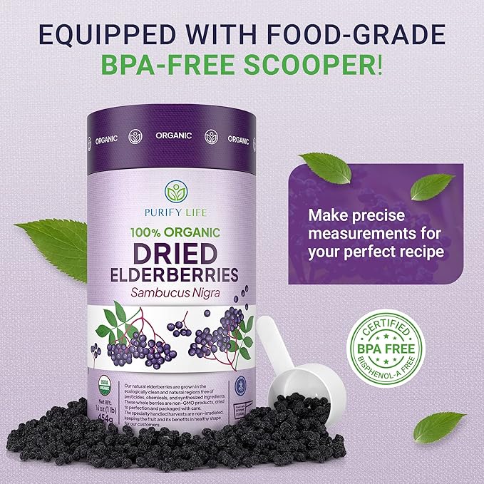 USDA Organic Dried Elderberries 1lb Bulk (Safest Packaging, Resealable Bag, BPA-Free Scoop) Natural, non-irradiated, Raw Whole Black Elderberry, Immune Support, Make Sambucus Elderberry Syrup, 1 Pound
