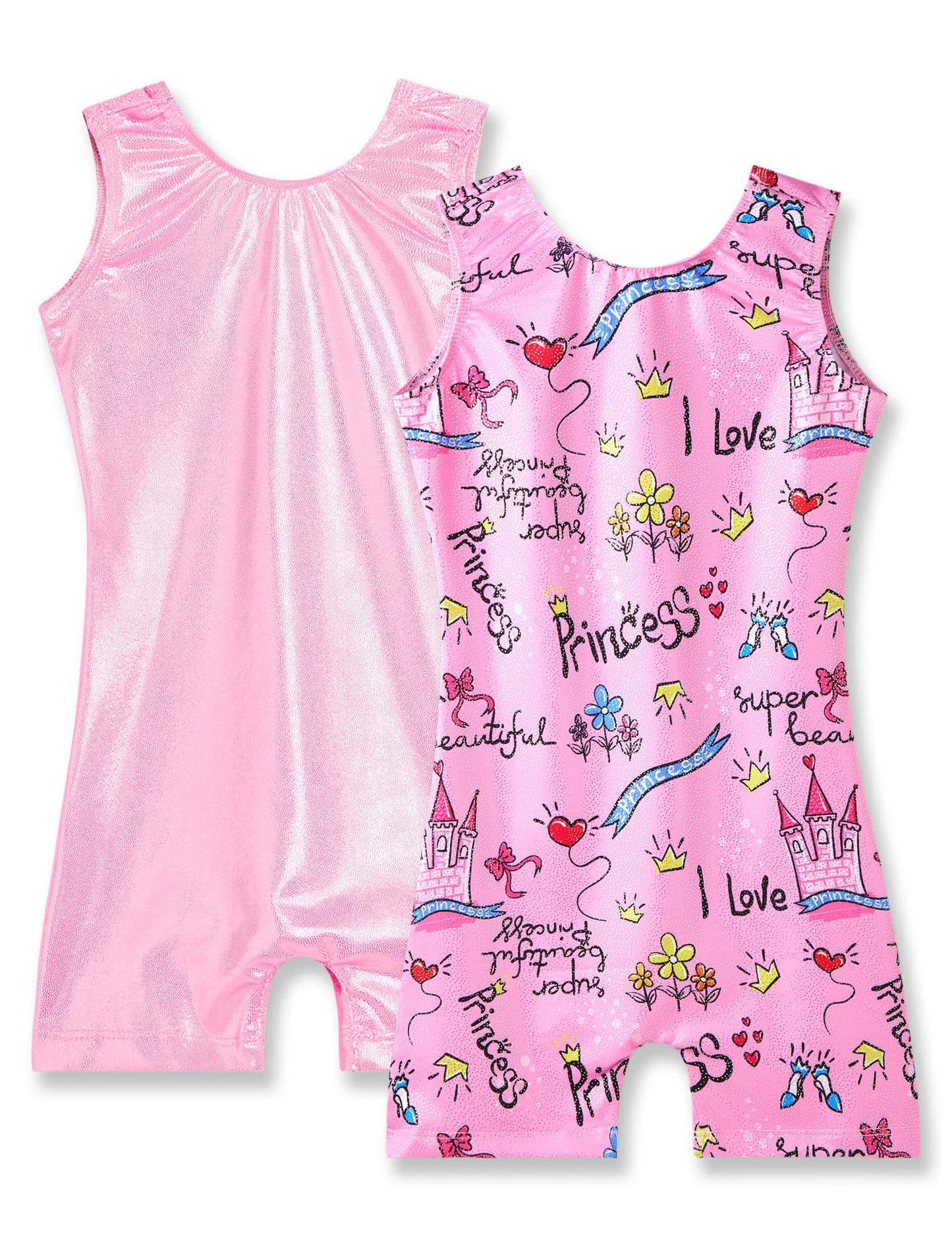 Nymphperi Girls Gymnastics Leotard Size 5-6 Years Old Shiny Classic Pink Biketard with Shorts Sparkle Scoop Neck Princess Unitards for Kids School Daily Wear