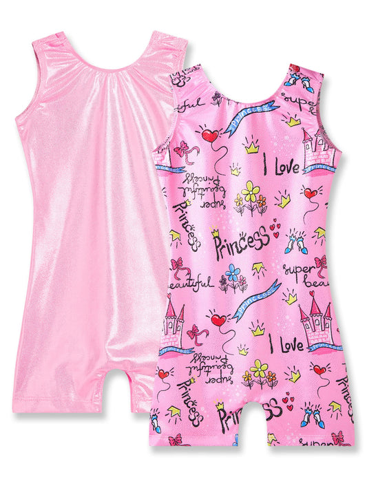 Nymphperi Girls Gymnastics Leotard Size 5-6 Years Old Shiny Classic Pink Biketard with Shorts Sparkle Scoop Neck Princess Unitards for Kids School Daily Wear