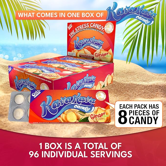 Ozia Originals Kava Kava Candy - 8 Kava Candies Per Pack, Kava Extract Stress Relief Supplement, Natural Kava Root Chill Happy Pill, Encourages Positive Mood - Ginger Mint Flavor, 1 Box (12 Packs)
