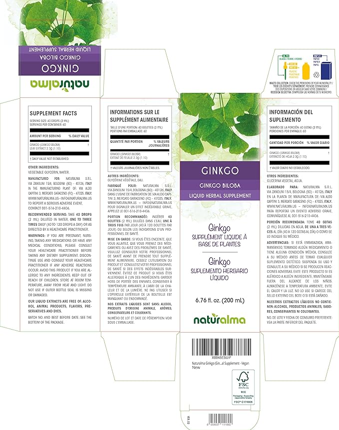 Naturalma Ginkgo (Ginkgo biloba) Leaf Alcohol-Free Tincture - 6.76 fl oz Liquid Extract in Drops - Herbal Supplement - Vegan