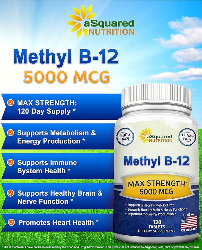 aSquared Nutrition Vitamin B12-5000 MCG Supplement with Methylcobalamin (Methyl B-12) - Max Strength Vitamin B 12 Support to Help Boost Natural Energy, Benefit Brain & Heart Function - 120 Tablets