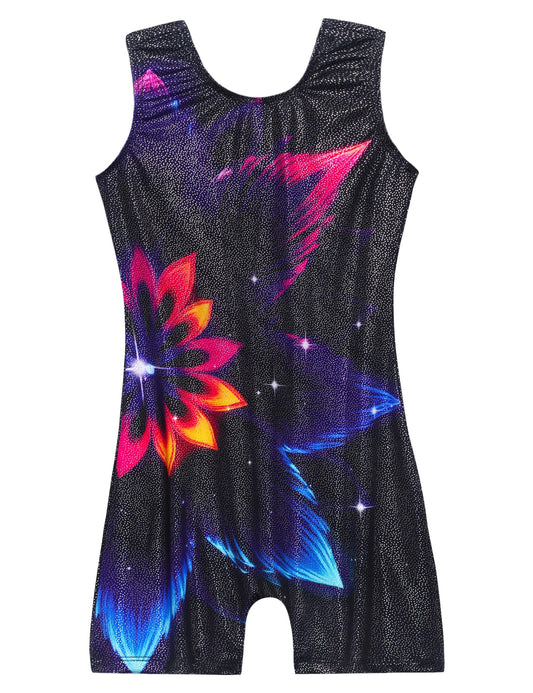 Domusgo Girls Leotards for Gymnastics Size 5-6 Years Old Colorful Black Flower Unicorn Sparkly Tumbling Biketard