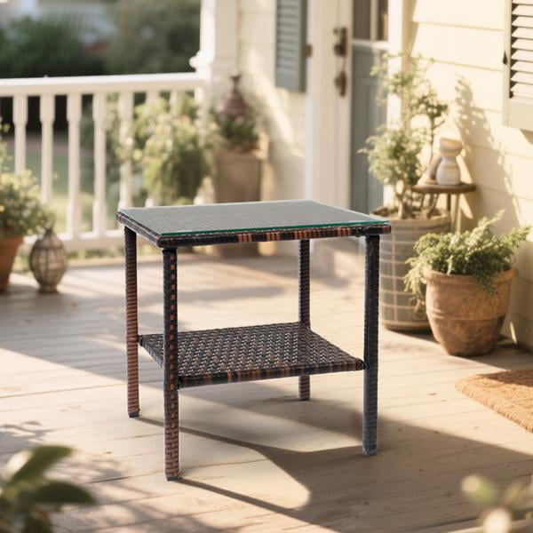 Square double layer glass table top brown gradient rattan side table