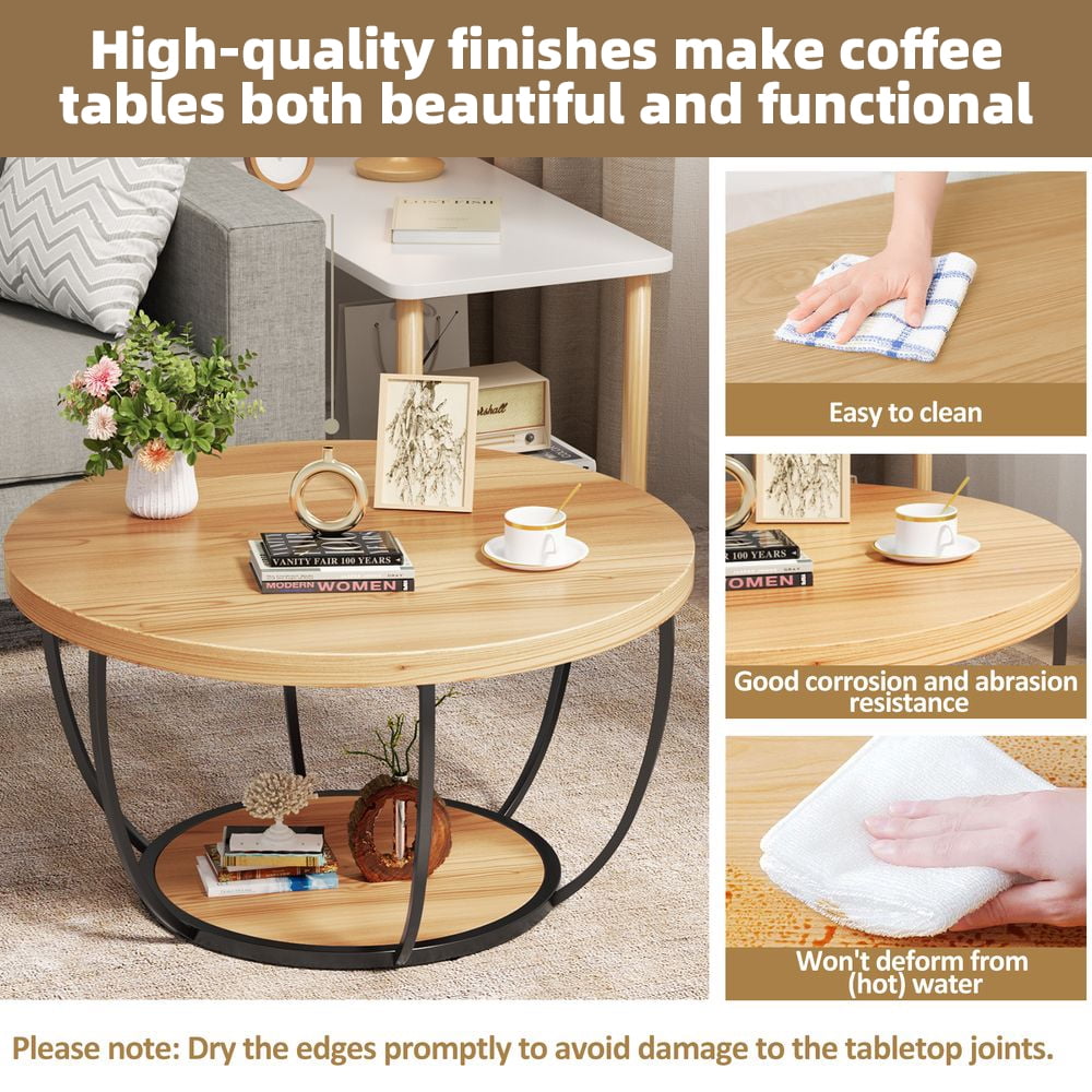 LUMAMIN  31.5" Round Coffee Table with Storage, 2 Tier Modern Small Wood Center Table with Metal Legs for Living Room, Bedroom, or Kitchen