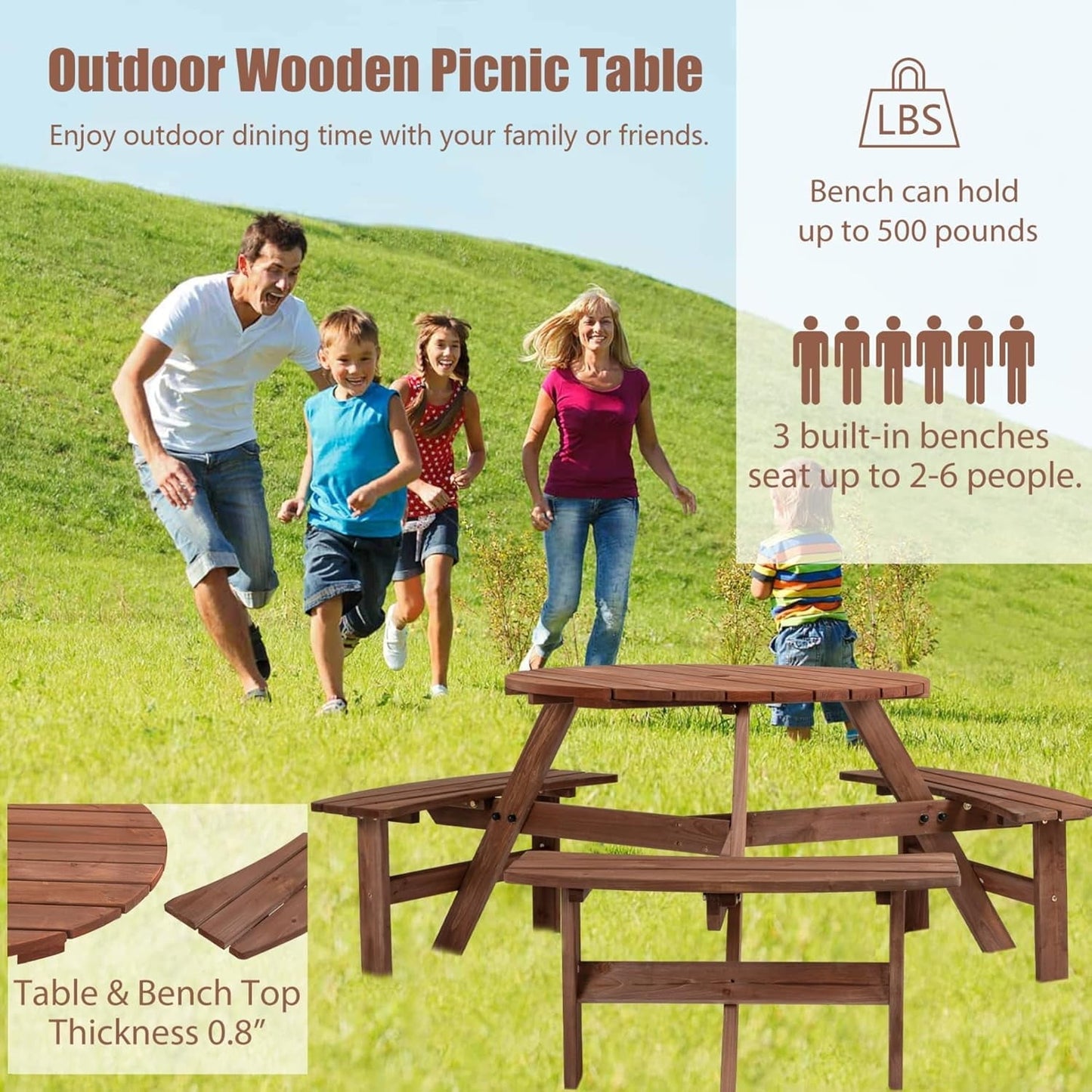 Picnic Table,6 Person Wooden Picnic Table with 3 Built-in Benches, Circular Outdoor Wooden Table with Seat for Patio, Backyard, Garden,2220lb Capacity - Natural