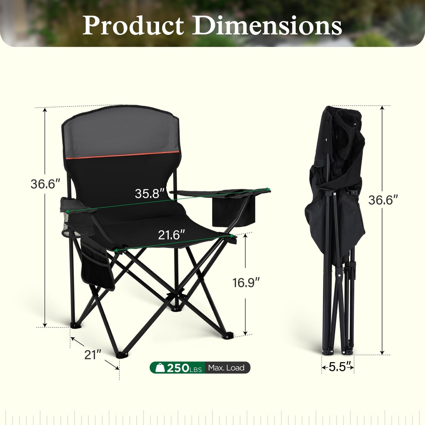 Sophia & William 2 Pack Camping Chairs Portable Outdoor Folding Chairs with Cooler Bag, Black