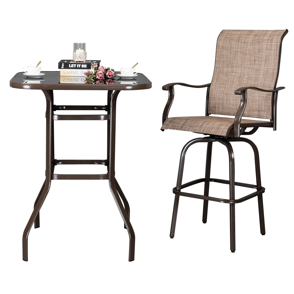 Commercial Grade Wrought Iron Bar Table 40" Height - 5mm Tempered Glass Top Patio Counter Table with Double Ring Frame, Matte Brown, 200lb Capacity