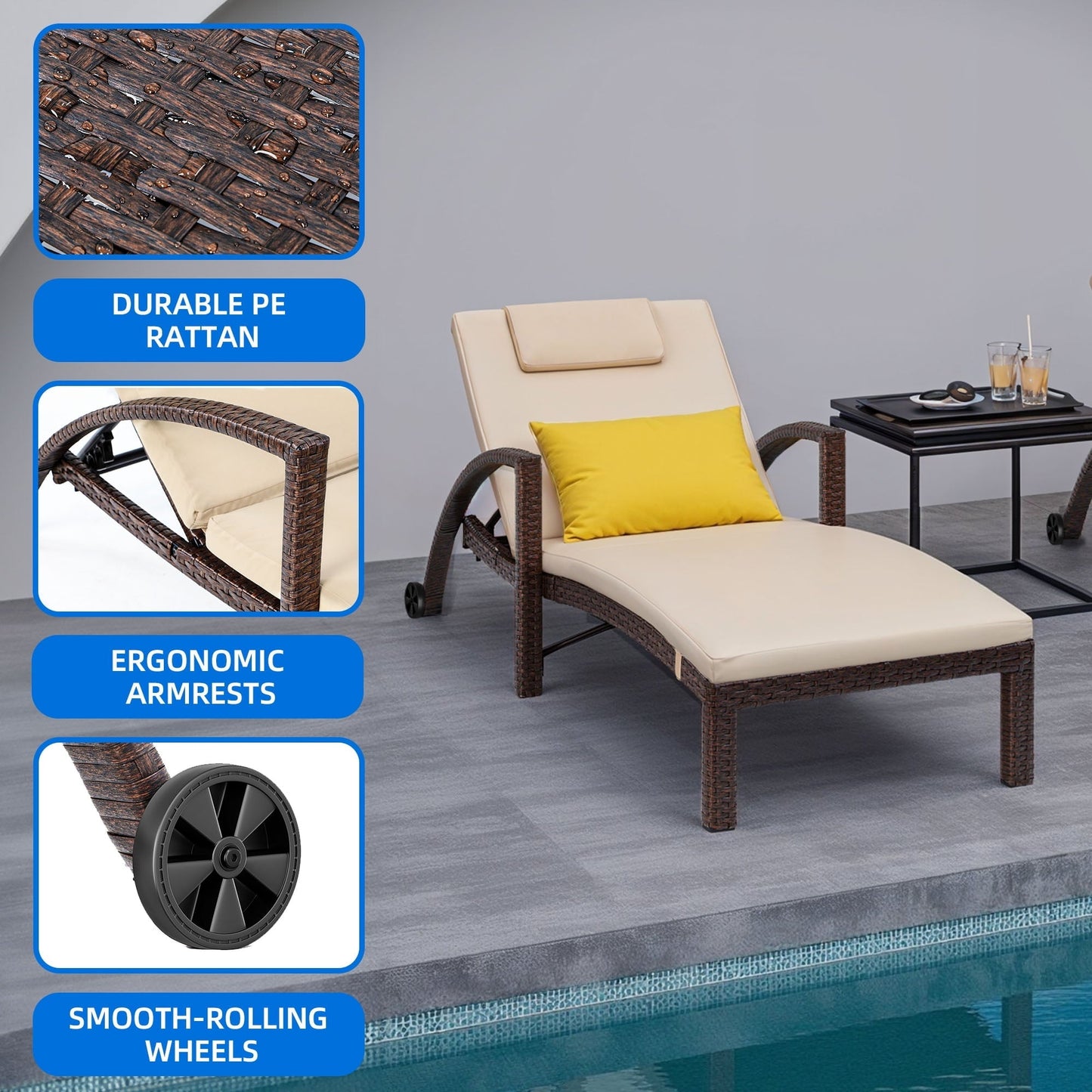 Dextrus 2 Pcs Outdoor Chaise Lounge Chairs, Rattan Wicker Patio Pool Loungers with Cushion & Adjustable Backrest, Arm, Pillow, Wheels