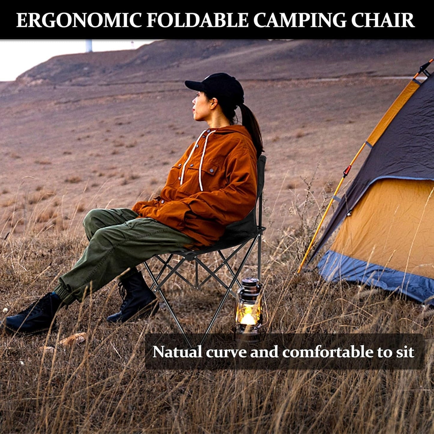 Folding Camping Chair for Adult with Carry Bag,Collapsible Anti-Slip Padded Oxford Cloth Stool for Hiking, Fishing,Picnic,Black,L