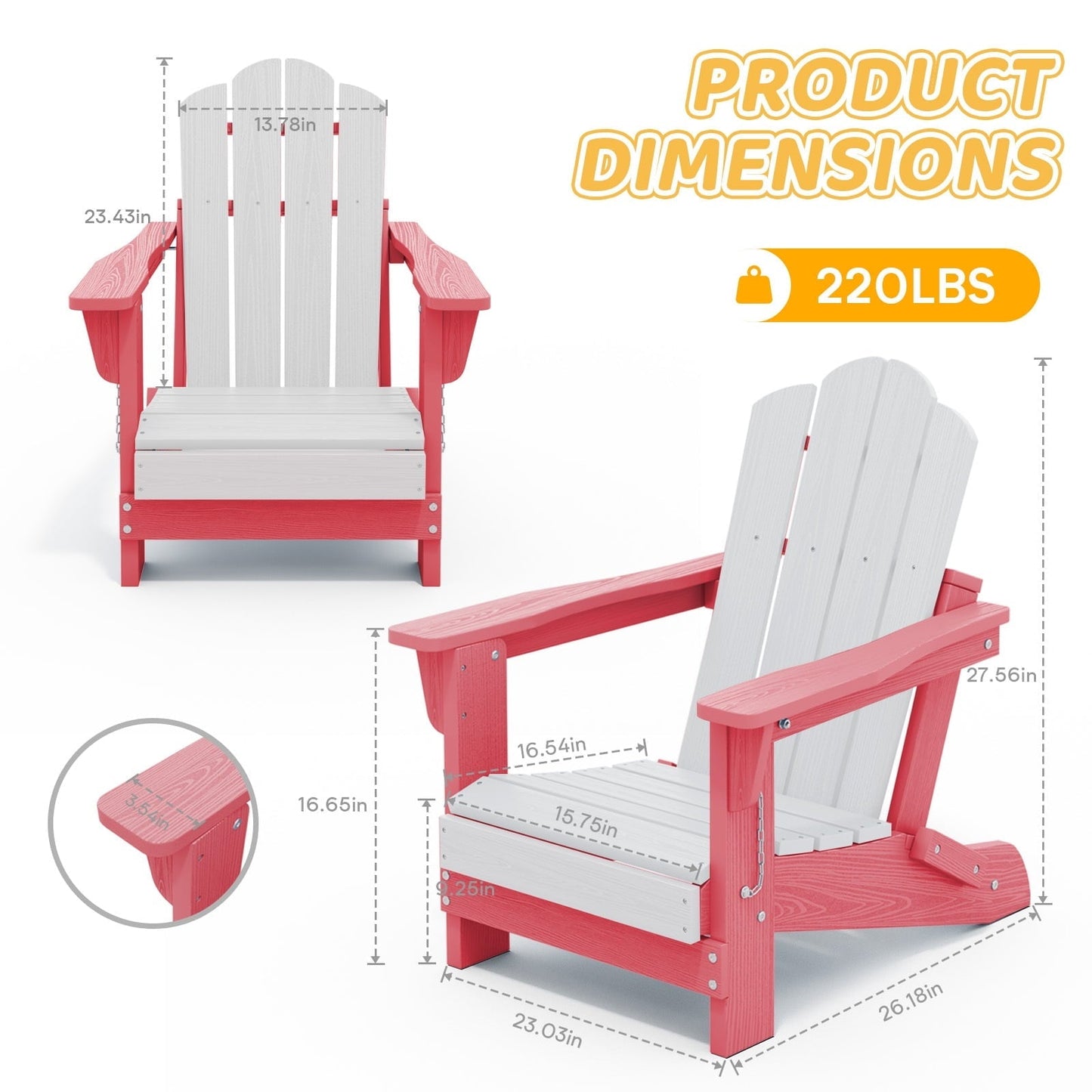JUSTLET Kids Foldable Adirondack Chair, Lightweight HDPE Outdoor Chair, Weather-Resistant, Portable,Pink and White