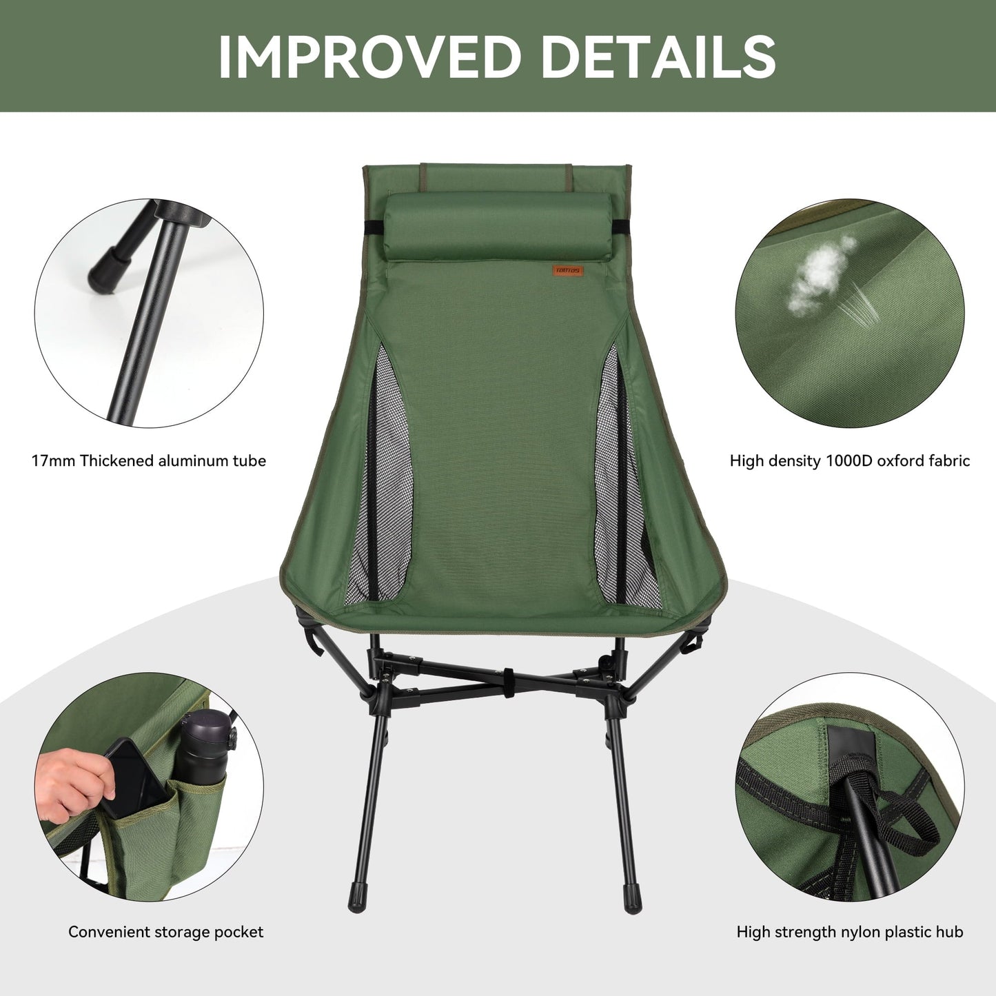 TOBTOS 440lbs High Back Camping Chair with Pillow, Compact Foldable for Camping, Hiking, Backpacking (Green)