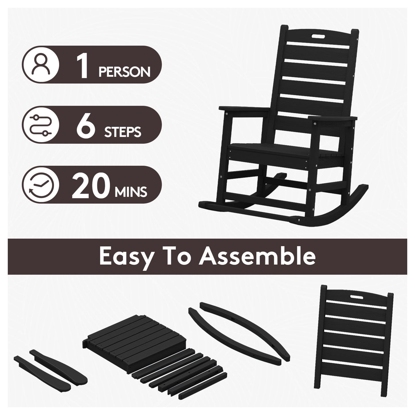 JUSTLET Outdoor Rocking Chair with Footrest, High Back HDPE Oversized Adirondack Slat Rocker for Patio,Garden,Lawn,Balcony, Black