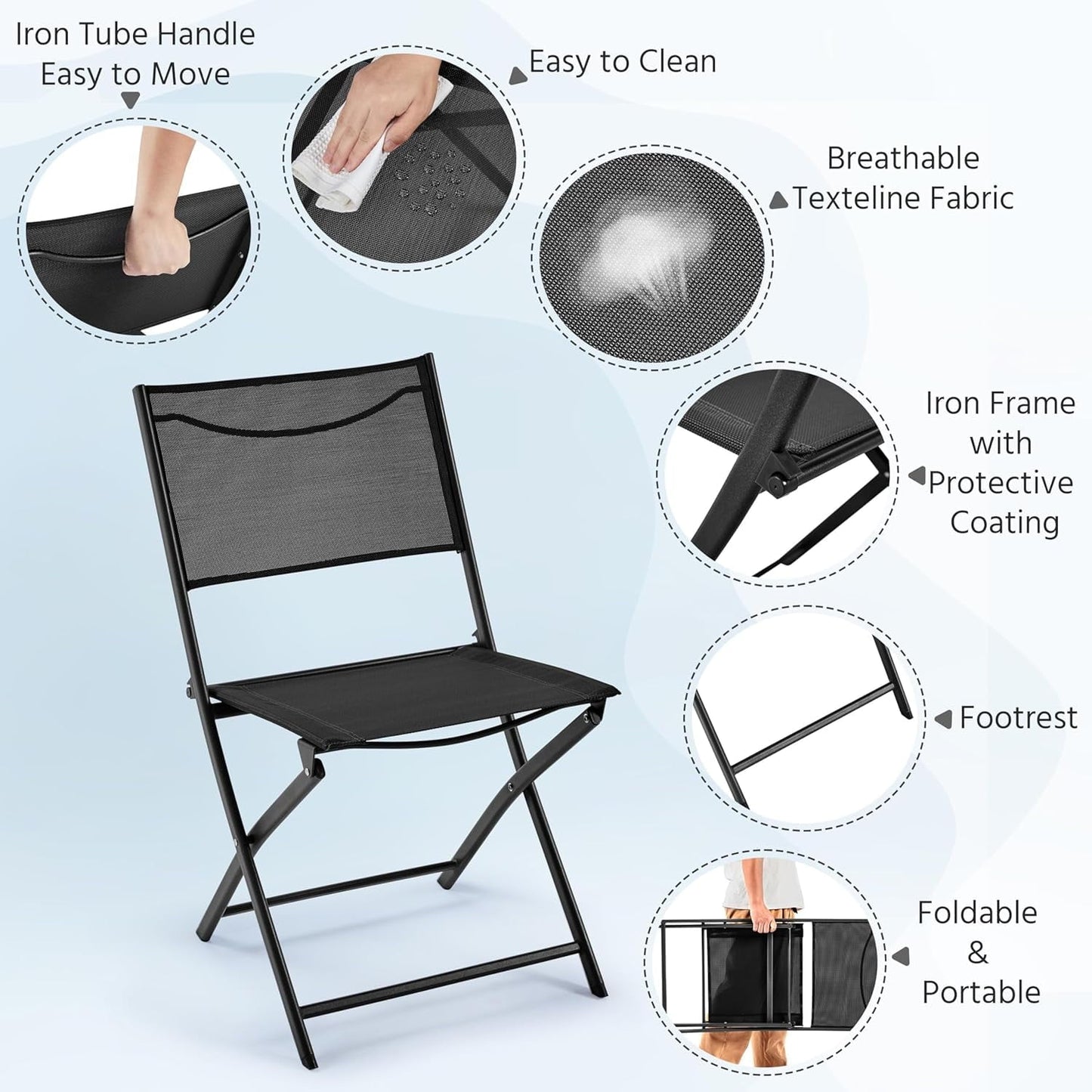 VibrantEcho Patio Portable Dining Chairs Set of 4 with Metal Frame, Outdoor Metal Folding Chairs with Backrests for Camping, Lawn, Yard, Beach, Black