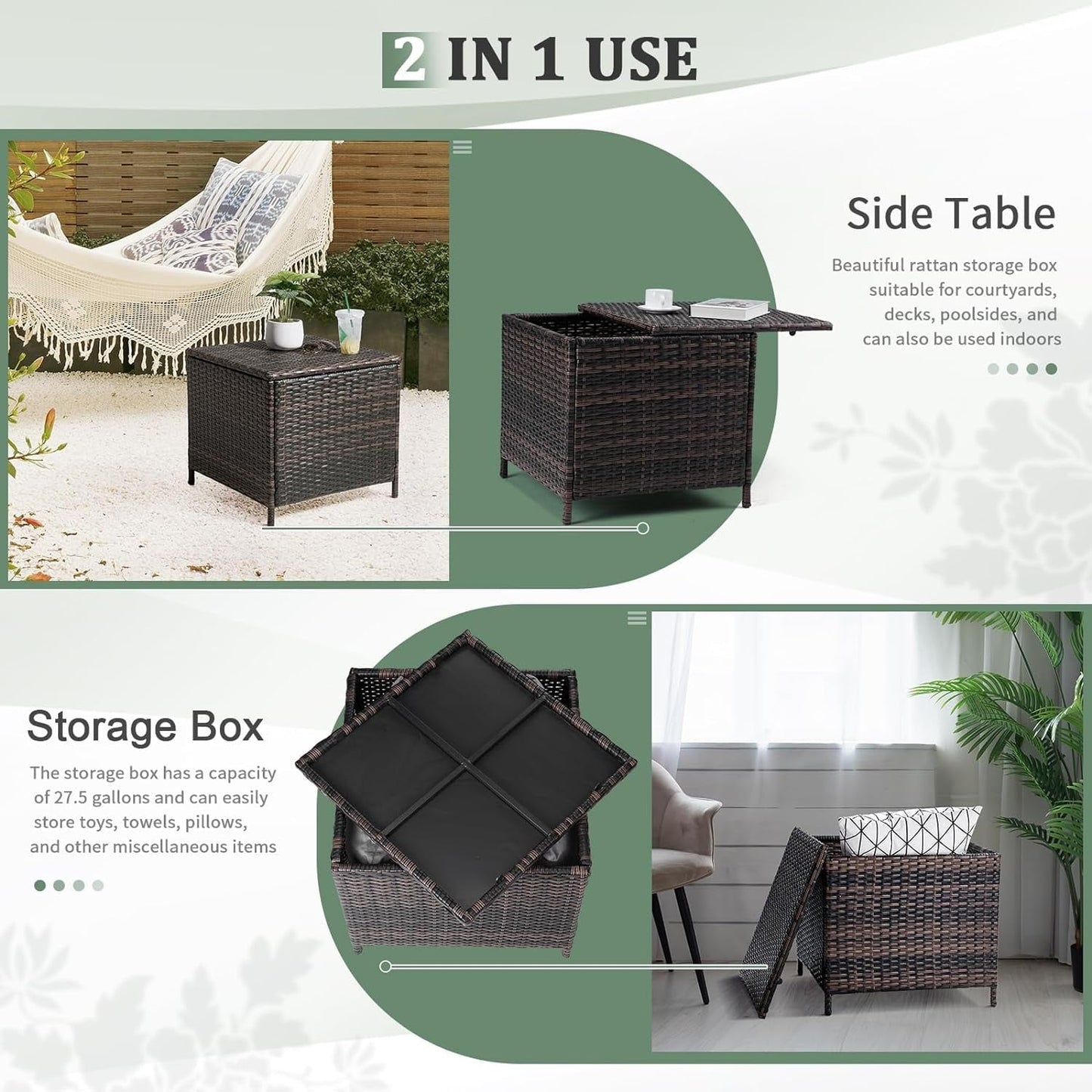 MarketLane Outdoor Side Table, Rattan Coffee Table with Storage 13 Gallon Patio Small Deck Storage Box for Cushion Towel Books, Brown Side Table with lid,Square