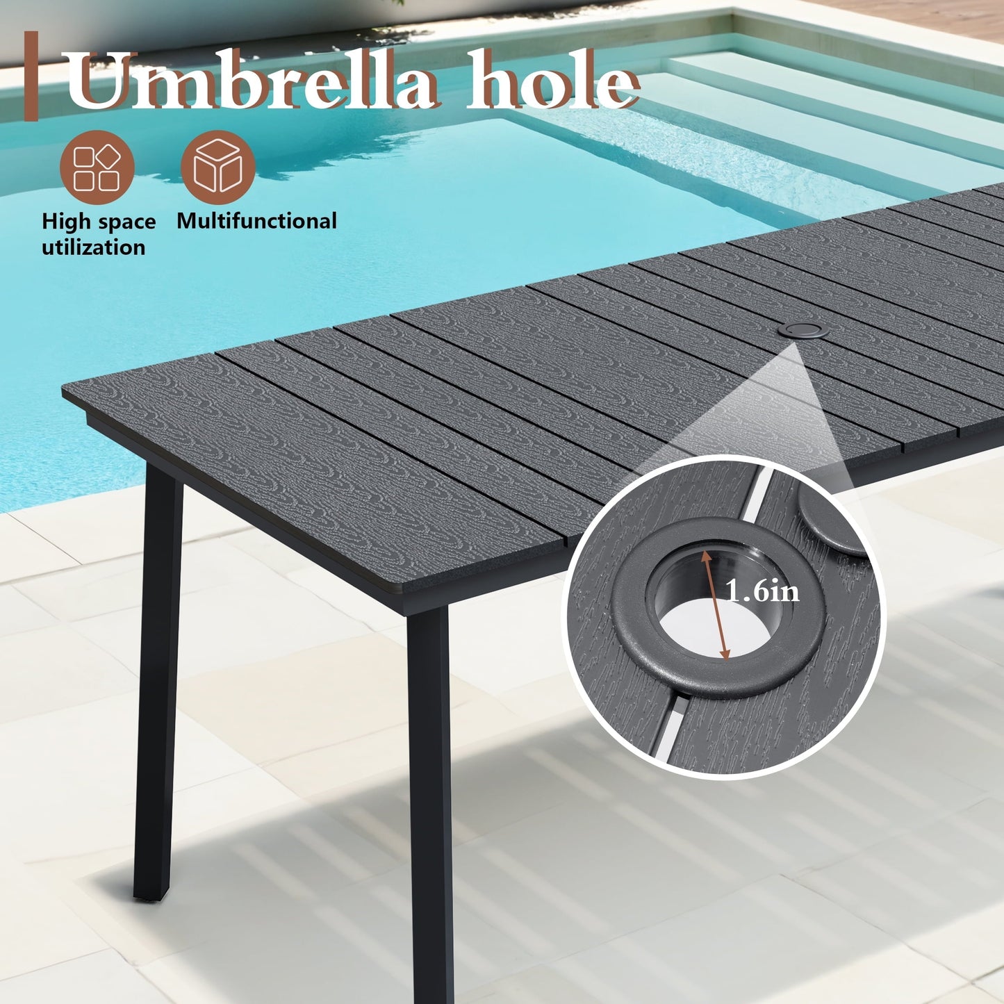 Pellebant 70.5" Outdoor Aluminum Patio Dining Table for 6-8 People, All-Weather Rectangle Table with Umbrella Hole for Garden, Deck, Lawn，Black