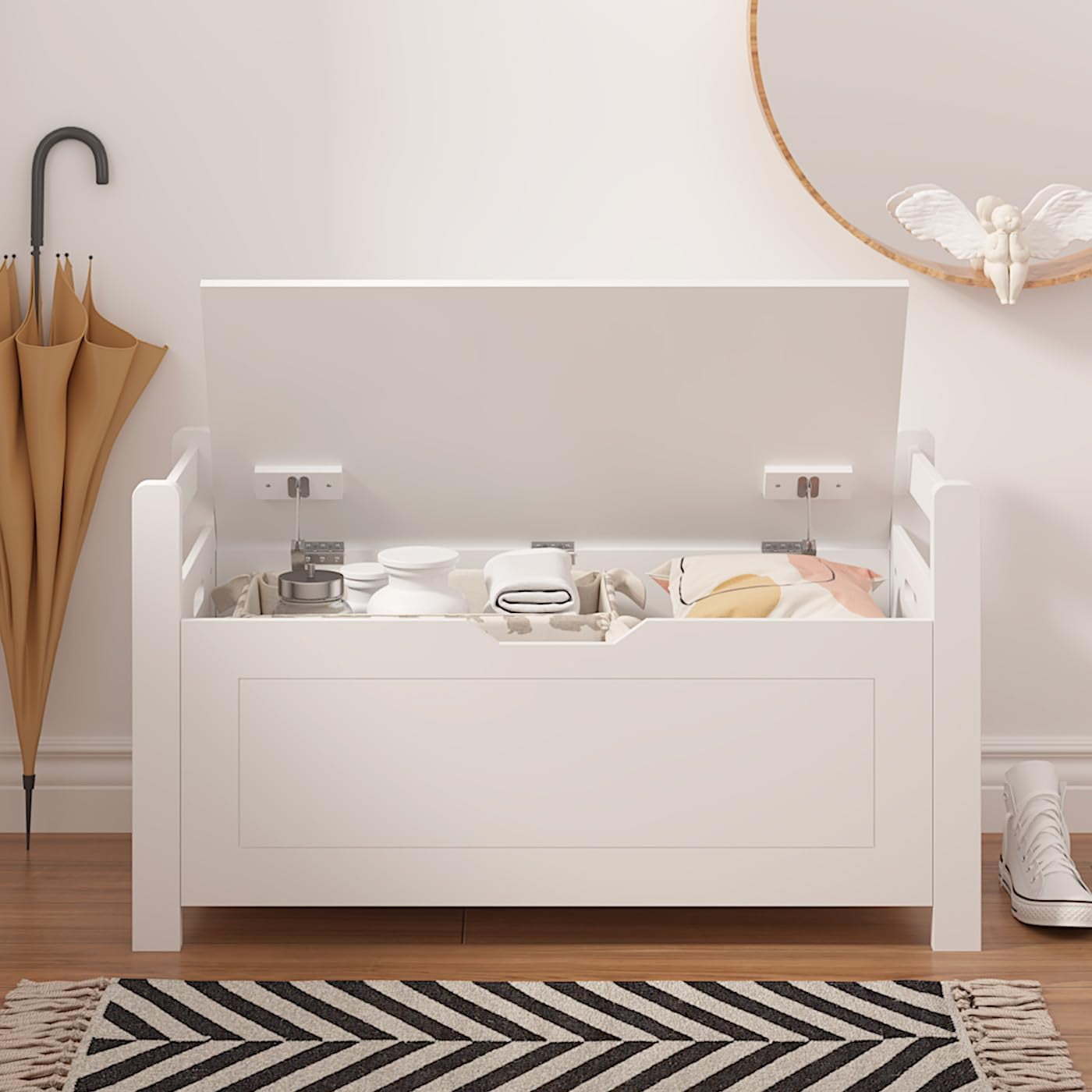35"" White Entryway Storage Bench with Cushion - Wooden Toy Box with Safety Hinges, Shoe Bench for Living Room & Bedroom