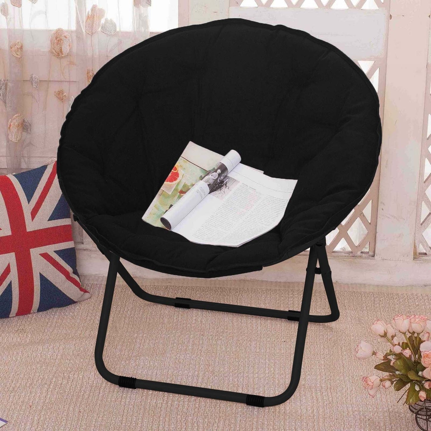 Xssm Folding Chair for Adults Portable Outdoor Lawn Chairs Saucer Chair with Metal Frame Soft Cushion Quiet Seat Enhanced Stability Bedroom Living Rorm Apartments Lounging Courtyard Moon Chair