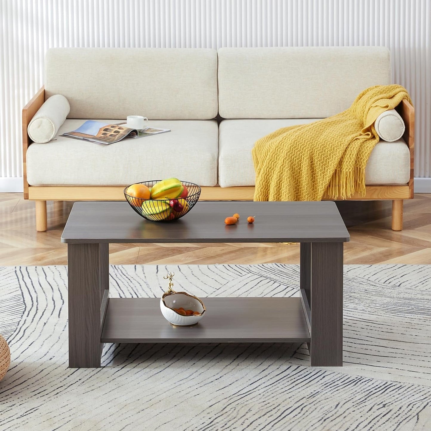 Small Coffee Tables for Small Spaces Wooden Coffee Tables for Living Room 2-Tier Coffee Table with Storage Double Layered (Gray, 19.6"*35.4"*16.5")