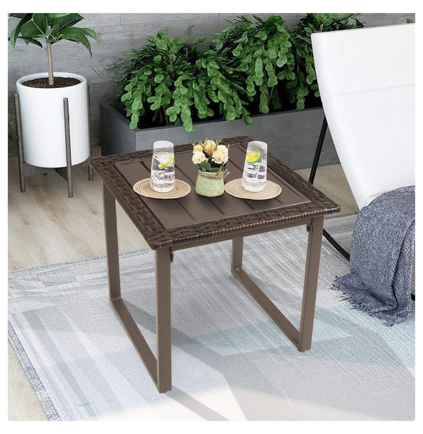 Outdoor Wicker Rattan Side End Tables for Patio Set of 2, 2 PCS Square Outdoor Patio Furniture End Table for Porch Lawn Garden Balcony Pool Bistro, Brown