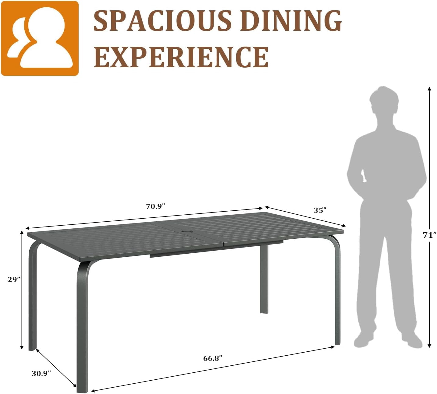 Wildbreak Outdoor Dining Table for 8 Person, 70.9 x 35 x 29", Slat Top & Umbrella Hole, Gray