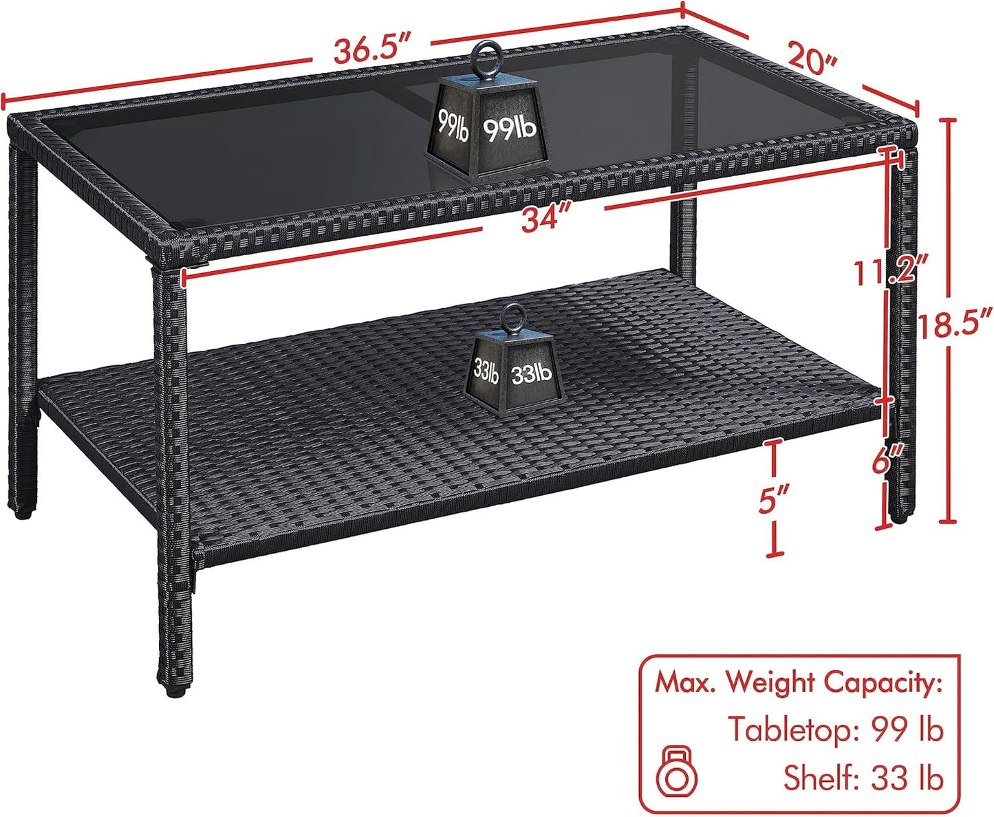 YUONAO Outdoor Wicker Coffee Side Table, All-Weather Rattan Patio Storage Furniture with Tempered Glass Top for Garden, Black