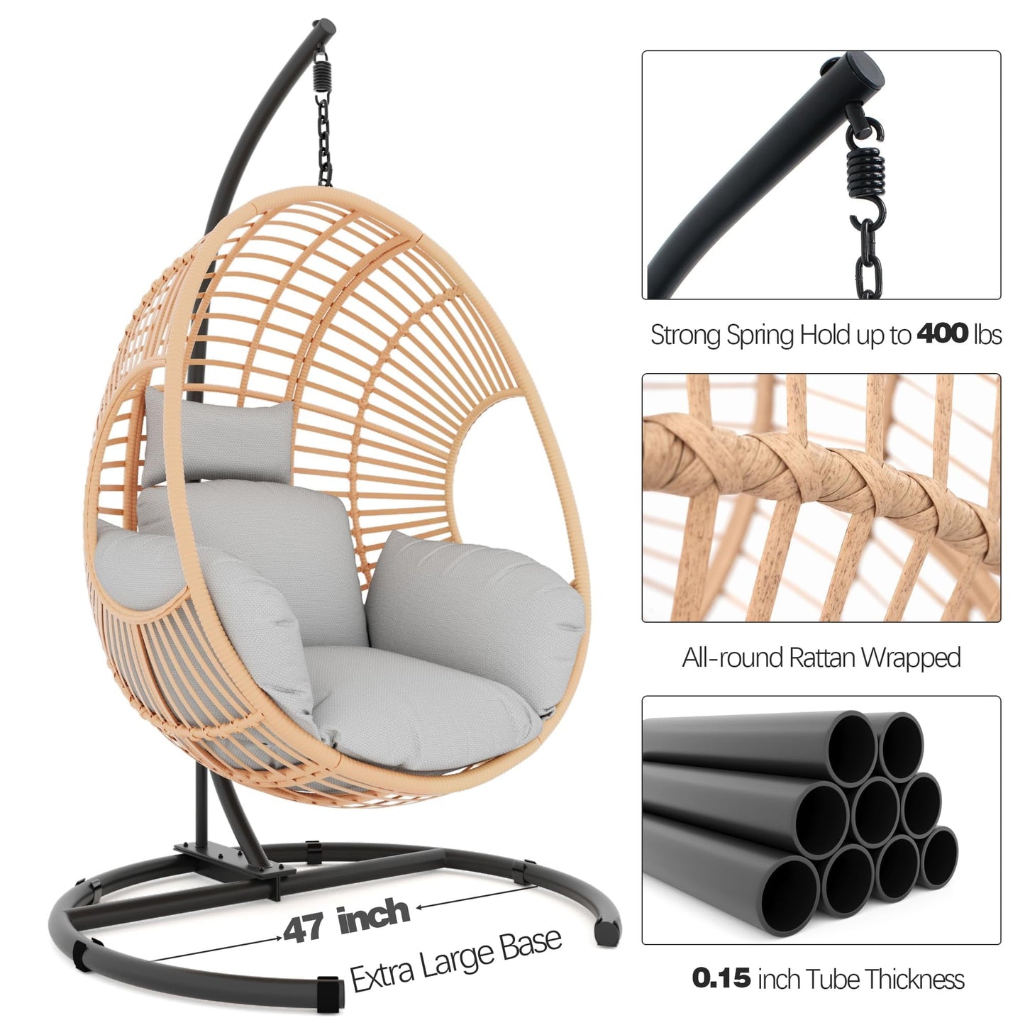 TQKVIPI Oversized Hanging Egg Chair Outdoor Indoor, Wicker Swing Egg Chair with Stand  Rain Cover UV Resistant Cushion 400lbs Capacity for Bedroom, Patio, Garden and Balcony (Beige-Regular)