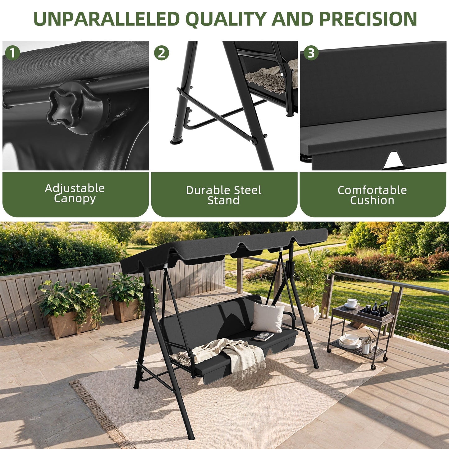 Uforic 3-Seat Outdoor Heavy Duty Patio Swing Chair with Stand & Cushion for Garden, Patio, Deck, Gray