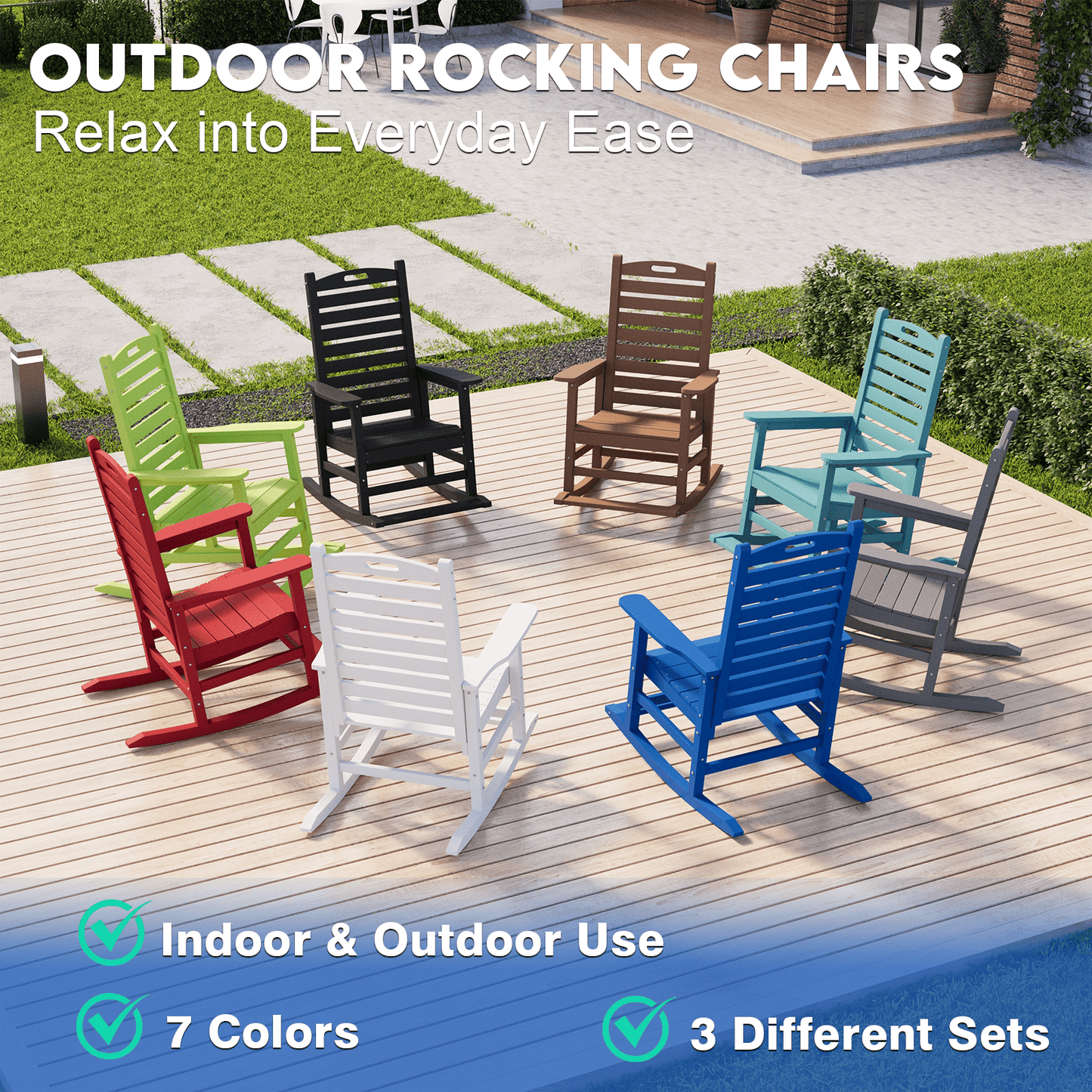 AreShark Oversized Rocking Chair Outdoor, HDPE PolyRocking Chair, All Weather Porch Rocker for Deck Patio Balcony, 380lbs, Navy Blue