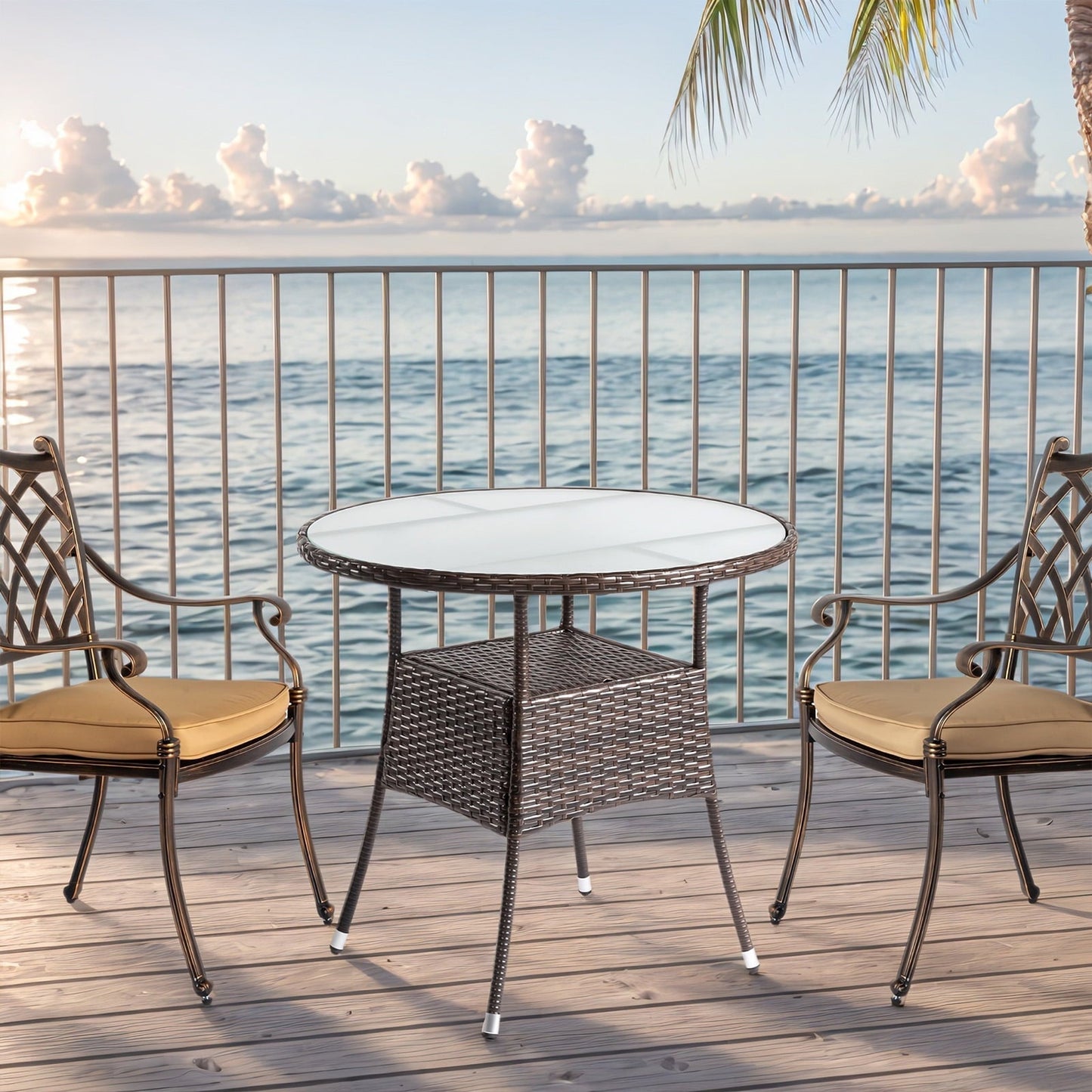 Funnil Outdoor Patio Table, Round Wicker Rattan Bistro Tables with Storage Shelf and Glass Tabletop, All Weather Patio Dining Table, Brown