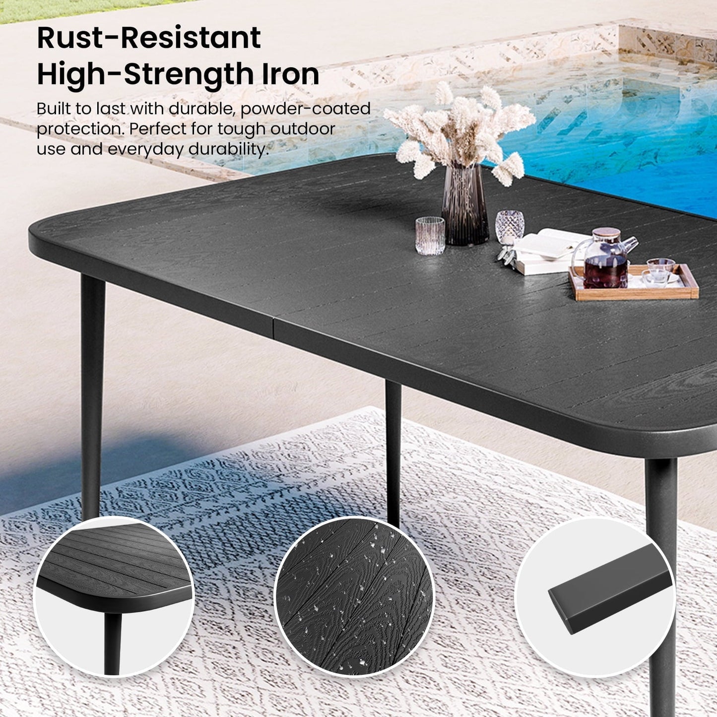 JUSTLET 6-Person Heavy-Duty Outdoor Rectangular Metal Dining Table – Rust-Resistant, Waterproof, Sunproof, All-Weather Patio Table for Garden, Deck, Porch, Backyard – Brown