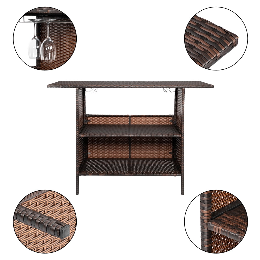 Funnil Patio Rattan Wicker Bar Height Counter Table, Outdoor Patio Furniture Wicker Bar Buffet Table, with 2 Storage Shelves and Wine Glass Racks, Brown
