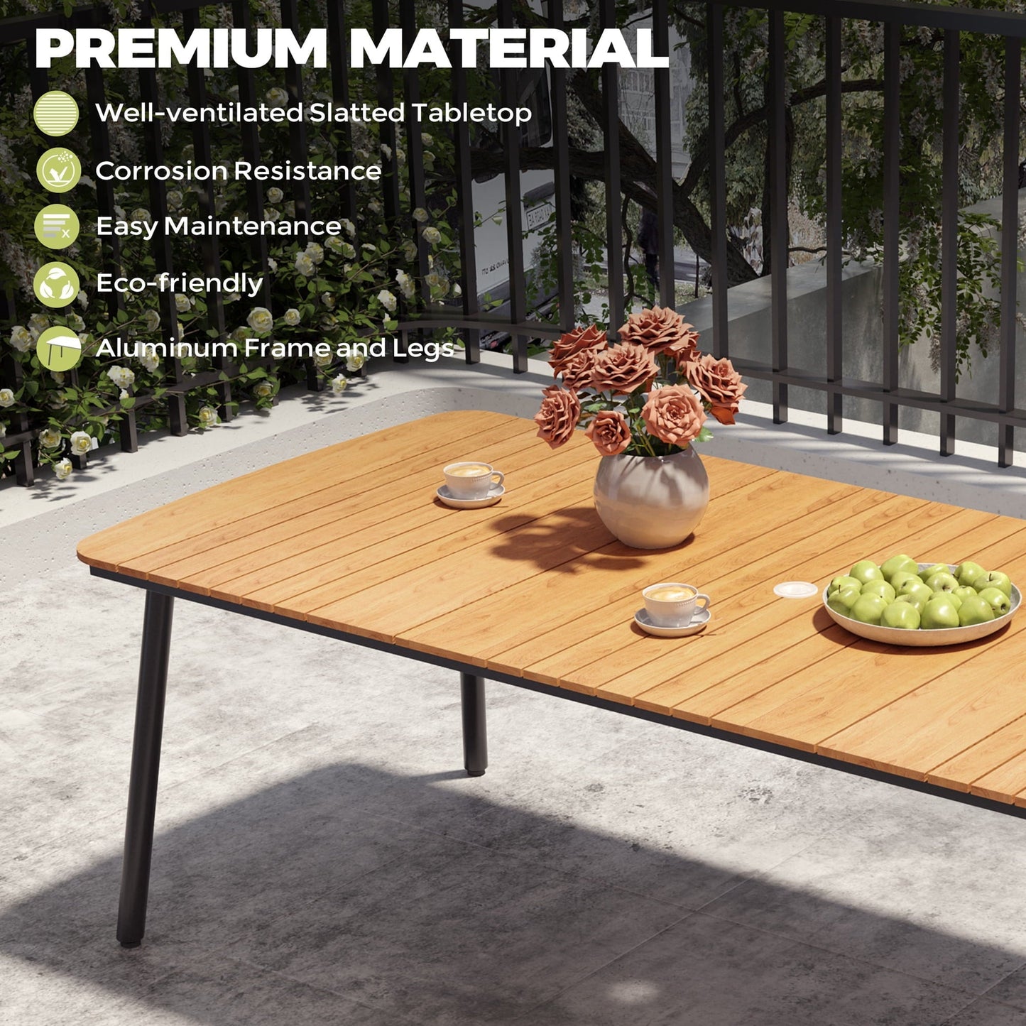 Pellebant 93" Outdoor Dining Table for 8–10 People, Patio Rectangle Table with Wood-Like Tabletop and Umbrella Hole, Aluminum Frame for Garden, Lawn, or Backyard, Brown