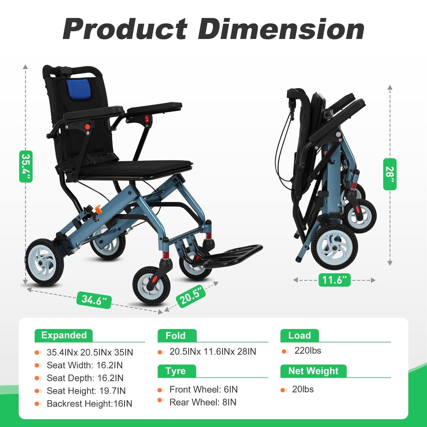 20lbs Ultra-Lightweight Foldable Wheelchair for Adults & Seniors, 220lbs Capacity, 8" Honeycomb Tires & Detachable Cushion for Travel, Hospital, Home (Blue)