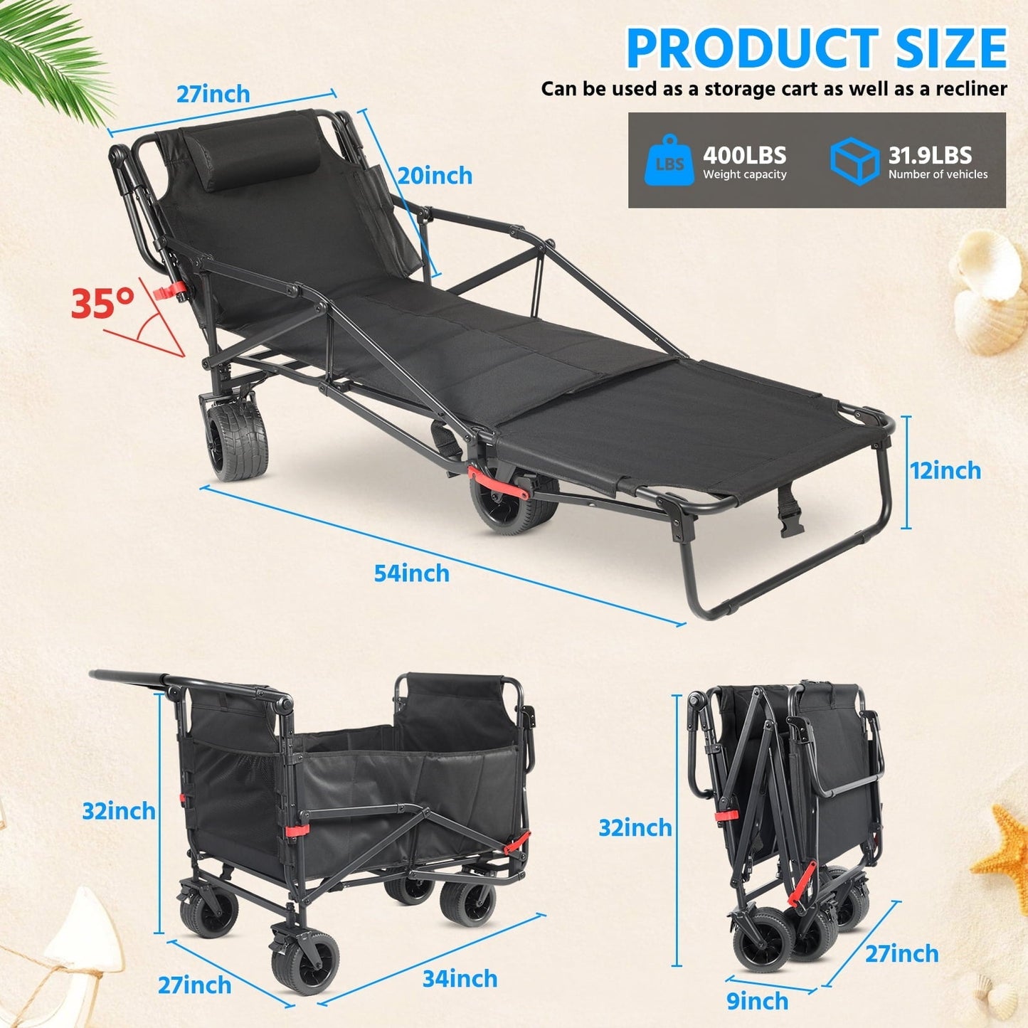 Aoemoe 400-Pound Capacity All-Terrain Beach Chair + Folding Cart 2-in-1,(Black)