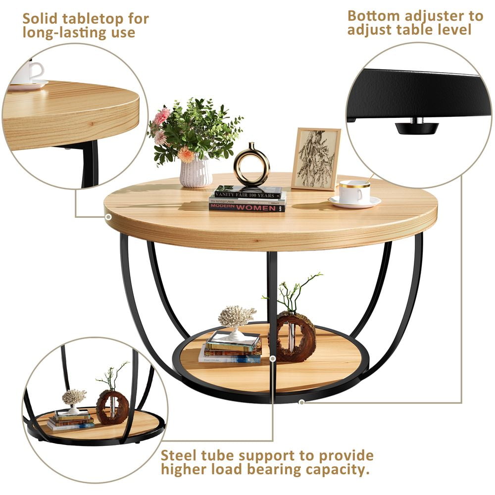 LUMAMIN  31.5" Round Coffee Table with Storage, 2 Tier Modern Small Wood Center Table with Metal Legs for Living Room, Bedroom, or Kitchen